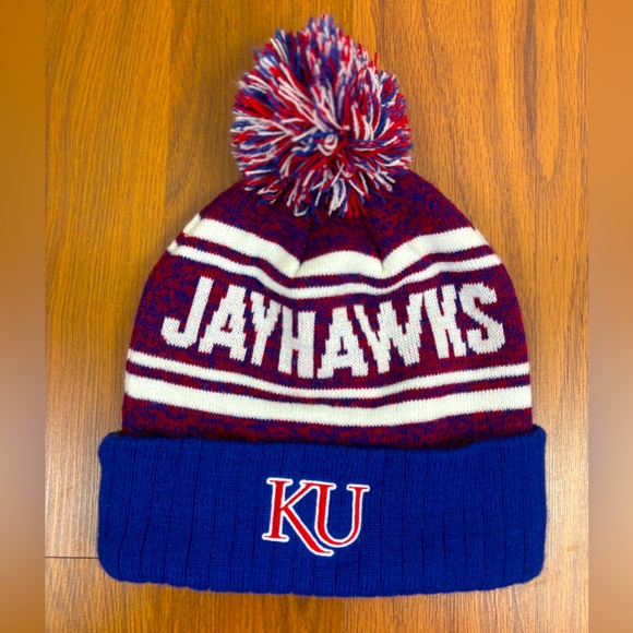 KU Kansas Jayhawks Stocking Cap Winter Hat Pull‎ On Stretch Red White Blue Adult - Picture 1 of 8